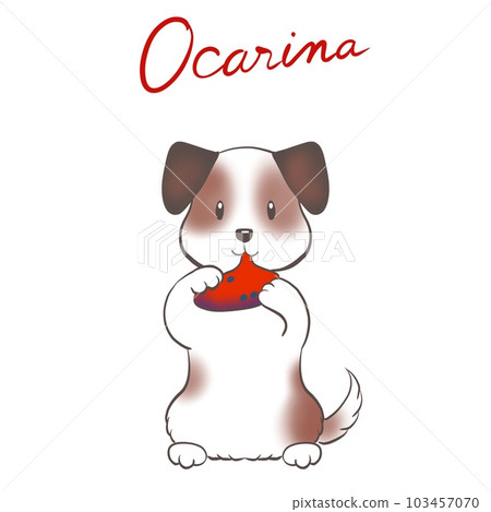 Illustration of a dog happily blowing an ocarina 103457070