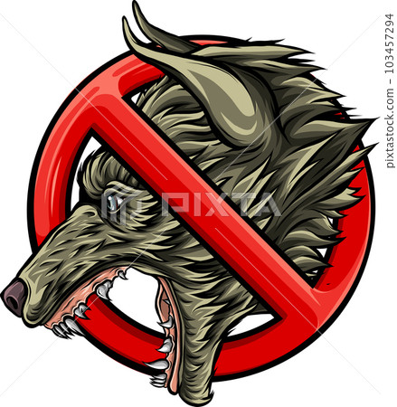 Wolf in prohibiting sign. Emblem, silhouette of a predator. 103457294
