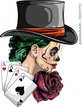 vector illustration of woman head with poker aces and rose vector illustration of woman head with poker aces and rose 103457731