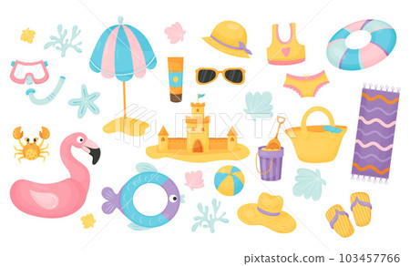 Summer collection. Sand castle, sun umbrella, life buoy, flamingos, ball, beach items and shells, mask with snorkel, crab and swimsuit. Vector illustration in cartoon style. Isolated elements. 103457766