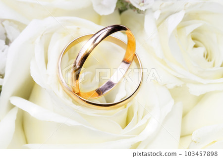 Wedding rings on a background of white roses. The concept of marriage. 103457898