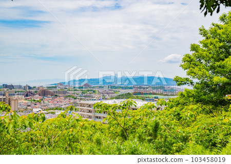 A photo of the Akashi Kaikyo Bridge, Awaji Island, and the cityscape of Kobe seen from a hill 103458019