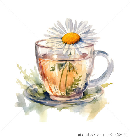 Watercolor chamomile tea. Illustration AI Generative 103458051