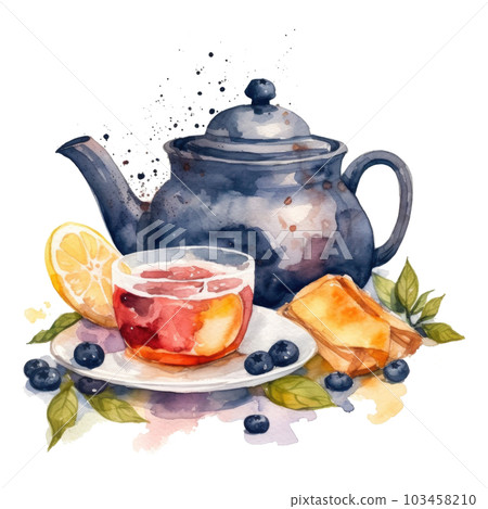 Watercolor tea with teapot. Illustration AI Generative Watercolor tea with teapot. Illustration AI Generative 103458210