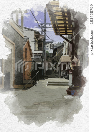 Watercolor painting style Nagasaki Tojin residence ruins Path from Tojindo to Tengodo Nagasaki city, Nagasaki prefecture 103458799