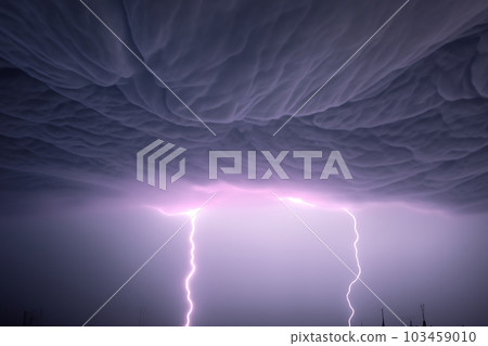 Ray. Lightning. Electric storm. Strong electrical storm with a multitude of lightning and thunder. Lightning storm over fields of Spain. Photography of lightning. 103459010