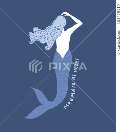 Blue mermaid illustration, woman with beautiful hair and tail. Sea summer print design, inspirational quote mermaid at heart. Vector nautical art 103459119