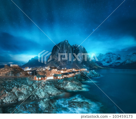 Northern lights in Hamnoy, Lofoten Islands, Norway. Aurora Northern lights in Hamnoy, Lofoten Islands, Norway. Aurora 103459173