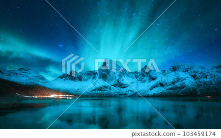 Northern lights over snowy mountains, sea, reflection in water Northern lights over snowy mountains, sea, reflection in water 103459174