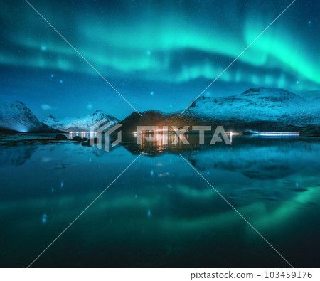 Northern lights over the snowy mountains, sea, fjord, reflection 103459176