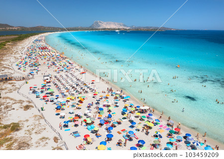 Aerial view of colorful umbrellas, white sandy beach and blue sea Aerial view of colorful umbrellas, white sandy beach and blue sea 103459209