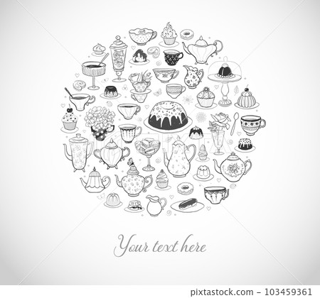 Card with tea party doodles on white background with place for your text. Vector sketch illustration. 103459361