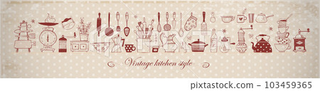 Composition with doodle kitchen utensils on vintage beige polka dot background. Vector sketch illustration Composition with doodle kitchen utensils on vintage beige polka dot background. Vector sketch illustration 103459365