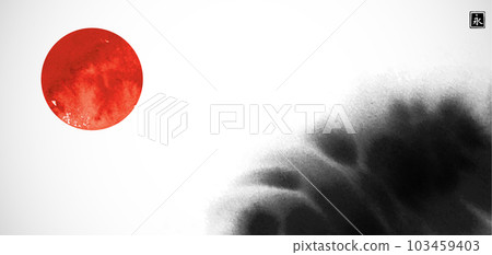 Abstract black ink wash painting and big red sun, symbol of Japan. Traditional oriental ink painting sumi-e, u-sin, go-hua. Translation of hieroglyph - eternity 103459403