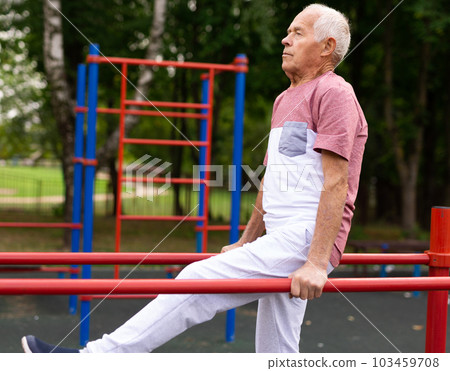 Senior sporty man performs various exercises on uneven bars in park Senior sporty man performs various exercises on uneven bars in park 103459708