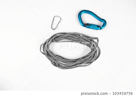 paracord gray tactical for survival untied assembled on white background with carabiners  103459756