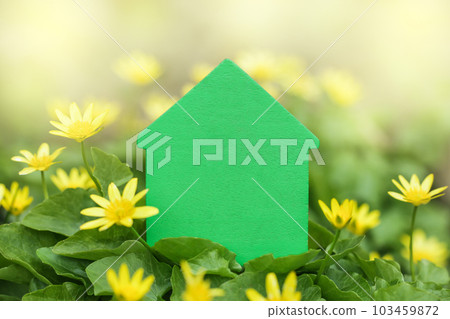 Green House on flowers background. Copy space. Mock up. Decarbonization of Real Estate. 103459872