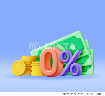 3D Realistic Zero Percent Sign Icon with Cash 103460089