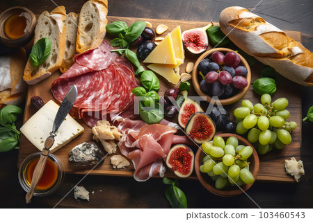 Italian appetizer prosciutto and cheeses served on a wooden board platter with figs and grape. Generative AI illustration 103460543