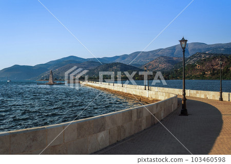 1813 stone-built water-surrounded obelisk next to De Bosset Bridge at Argostoli town on the Ionian Island of Cephalonia Greece. 103460598