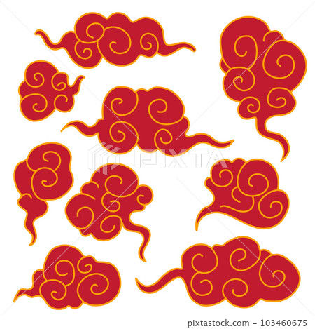 Red Gold Asian Chinese Clouds. Traditional retro ornaments in chinese, korean and japanese oriental style. Elements of Chinese New Year and Mid Autumn Festival isolated on white background 103460675