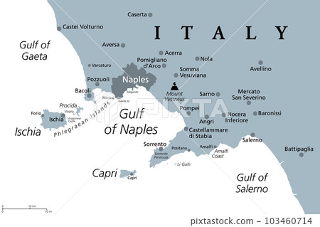 Gulf of Naples, gray political map. Bay of Naples, located along south-western coast of Italy, opening to the Tyrrhenian Sea. Campanian volcanic arc with islands Ischia and Capri, and Mount Vesuvius. 103460714