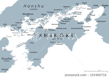Shikoku, gray political map. Region and smallest of the four main islands of Japan, northeast of Kyushu, and south of Honshu, separated by the Seto Inland Sea. Isolated Illustration over white. Vector Shikoku, gray political map. Region and smallest of the four main islands of Japan, northeast of Kyushu, and south of Honshu, separated by the Seto Inland Sea. Isolated Illustration over white. Vector 103460716