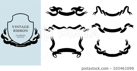 Line drawing set of black ribbons. Hand drawn vintage style vector illustration. Line drawing set of black ribbons. Hand drawn vintage style vector illustration. 103461099