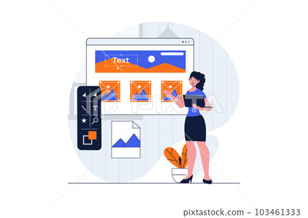 Web development concept with character scene. Woman creating graphic elements and placing content at layouts. People situation in flat design. Illustration for social media marketing material. 103461333