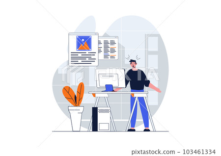 Web design concept with character scene. Man creating layouts and working with code, making optimization. People situation in flat design. Illustration for social media marketing material. 103461334