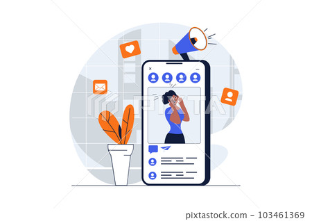 Social media marketing web concept with character scene. Woman making advertising promotion with new posts. People situation in flat design. Illustration for social media marketing material. 103461369