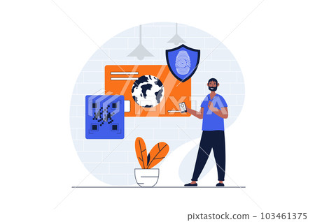 Secure payment web concept with character scene. Man using protection with fingerprint scan verification. People situation in flat design. Illustration for social media marketing material. Secure payment web concept with character scene. Man using protection with fingerprint scan verification. People situation in flat design. Illustration for social media marketing material. 103461375