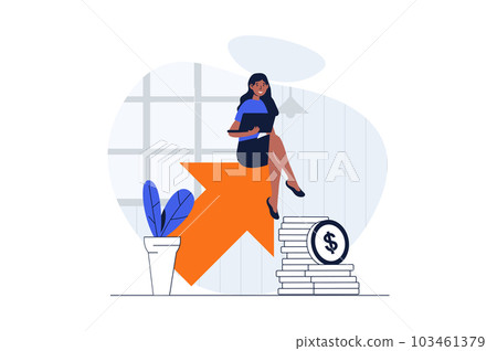 Sales performance web concept with character scene. Woman working with financial statistic, increase income. People situation in flat design. Illustration for social media marketing material. Sales performance web concept with character scene. Woman working with financial statistic, increase income. People situation in flat design. Illustration for social media marketing material. 103461379