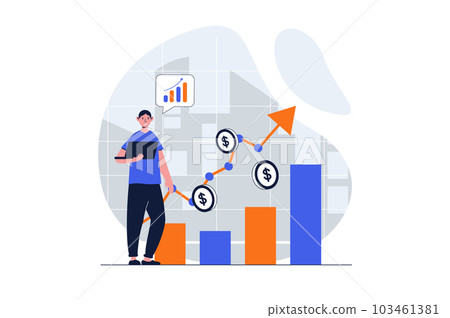 Sales performance web concept with character scene. Man analyze financial stock charts and increase profit. People situation in flat design. Illustration for social media marketing material. 103461381