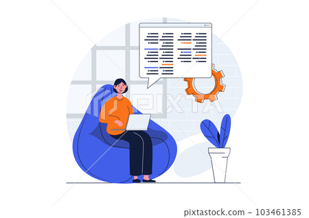 Programming web concept with character scene. Woman coding and making program at screen, working at laptop. People situation in flat design. Illustration for social media marketing material. 103461385