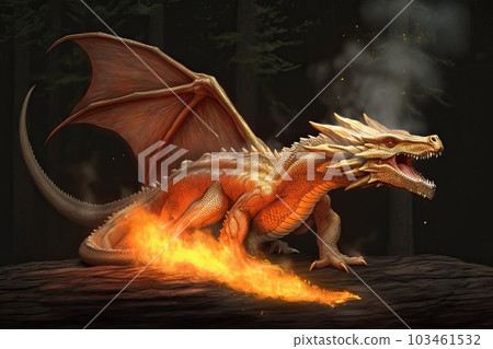 A close-up of the dragon's terrifying mouth spewing fire, generative AI. 103461532