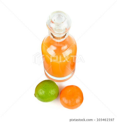 Set of citrus fruits and fruit juice in bottle isolated on white. Set of citrus fruits and fruit juice in bottle isolated on white. 103461597