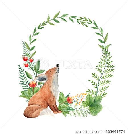 Woodland baby fox animal watercolor wreath with green branches and leaves, fern, cloudberry and red berries. Floral illustration for nursery, greeting cards, invitations, save the date, logos. 103461774