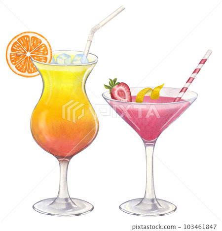 Cocktails pink orange Tequila Sunrise Cosmopolitan. Strawberry, lemon, ice, straw. Glass of juice or alcohol. Hand drawn watercolor illustration isolated on white background. For bar restaurant menu 103461847