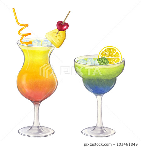 Cocktails orange green Tequila Sunrise Daiquiri. Lemon, mint, pineapple, cherry. Glass of juice or alcohol. Hand drawn watercolor illustration isolated on white background. For bar restaurant menu Cocktails orange green Tequila Sunrise Daiquiri. Lemon, mint, pineapple, cherry. Glass of juice or alcohol. Hand drawn watercolor illustration isolated on white background. For bar restaurant menu 103461849