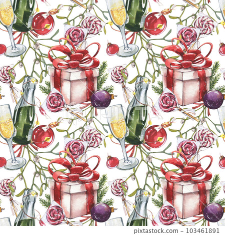 Seamless pattern gift box, mistletoe, glass ball, champagne bottle isolated on white. Watercolor hand drawn illustration Seamless pattern gift box, mistletoe, glass ball, champagne bottle isolated on white. Watercolor hand drawn illustration 103461891