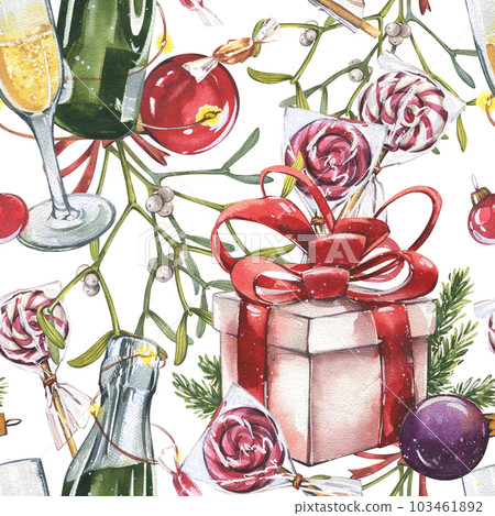 Seamless pattern gift box, mistletoe, glass ball, champagne bottle isolated on white. Watercolor hand drawn illustration Seamless pattern gift box, mistletoe, glass ball, champagne bottle isolated on white. Watercolor hand drawn illustration 103461892