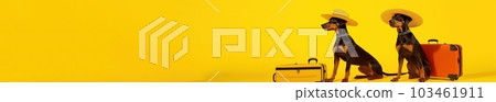 Doberman breed dogs, wearing sunglasses, wearing a hat, on a yellow background in the studio, next to suitcases for vacation, summer travel concept. website banner. Generative AI 103461911