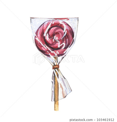 Red spiral sweet lollipop packaged isolated on white background. Watercolor hand draw candy illustration for design menu Red spiral sweet lollipop packaged isolated on white background. Watercolor hand draw candy illustration for design menu 103461912