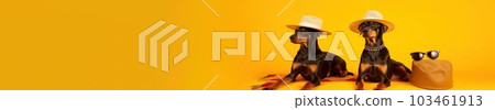 Doberman breed dogs, wearing sunglasses, wearing a hat, on a yellow background in the studio, next to suitcases for vacation, summer travel concept. website banner. Generative AI 103461913