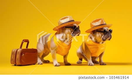 Bulldog dog breed, wearing sunglasses, wearing a hat, with suitcases for vacation, summer travel concept. Generative AI Bulldog dog breed, wearing sunglasses, wearing a hat, with suitcases for vacation, summer travel concept. Generative AI 103461914