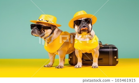 Bulldog dog breed, wearing sunglasses, wearing a hat, with suitcases for vacation, summer travel concept. Generative AI 103461915
