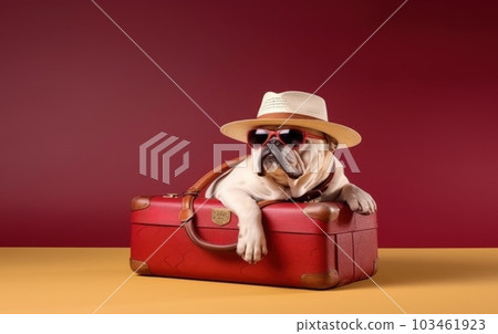 Bulldog dog breed, wearing sunglasses, wearing a hat, with suitcases for vacation, summer travel concept. Generative AI 103461923