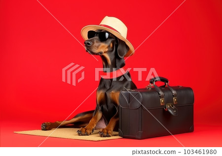 Doberman breed dog, in sunglasses, in a hat, on a red background in the studio, next to suitcases for vacation, summer travel concept. Generative AI Doberman breed dog, in sunglasses, in a hat, on a red background in the studio, next to suitcases for vacation, summer travel concept. Generative AI 103461980