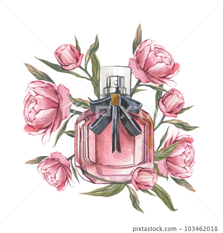 Glass perfume bottle with peony flowers isolated on white background. Watercolor hand draw illustration. Art for design Glass perfume bottle with peony flowers isolated on white background. Watercolor hand draw illustration. Art for design 103462018